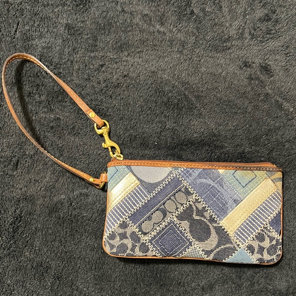 Coach Blue and Brown Denim Patchwork Wristlet Y2K